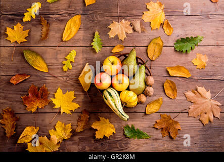 Herbst Blatt-Frucht-Komposition. Studio gedreht, hölzerne Zeitmessung Stockfoto