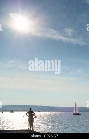 Illmitz: öffentliche Baden Strand Lido, Neusiedler See, Neusiedler See, paar, Segelboot, Fähre, Sonne, Österreich, Burgenland, Stockfoto