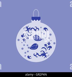 Vektor-Symbol Weihnachtskugel mit Vögel und Eisblumen auf dunklem Hintergrund. Stock Vektor