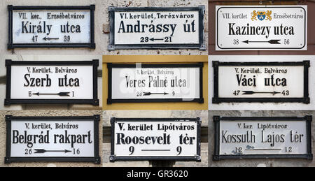 Straßenschilder in Budapest, Ungarn Stockfoto