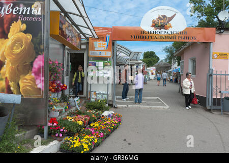 Kleines Einkaufszentrum Förderung ihrer Produkte Selenogradsk, ex-Cranz, Gebiet Kaliningrad, Russland, Stockfoto