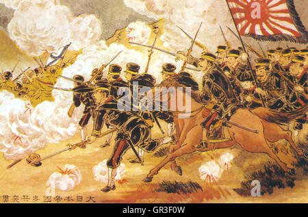 RUSSO-japanischen Krieg 1904-1905 japanischen drucken zeigt ihre Soldaten und Kavallerie Angriff einer russischen position Stockfoto