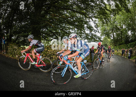 Fahrer, die den Kampf auf der zweiten Etappe der Tour of Britain 2016 Klettern Radrennen. Stockfoto