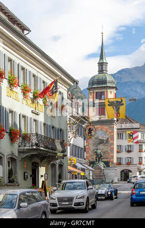 Türmli der Wilhelm Tell Denkmal ist das Symbol der Kantonshauptort Altdorf im Kanton Uri Stockfoto