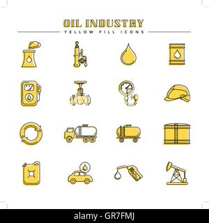 Öl-Industrie und Energie, gelbe Füllung Symbole Stock Vektor