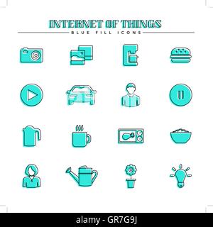 Internet der Dinge und smart home, blaue Symbole Füllungssatzes Stock Vektor