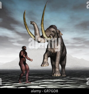 Mammut mit Urmenschen Stockfoto