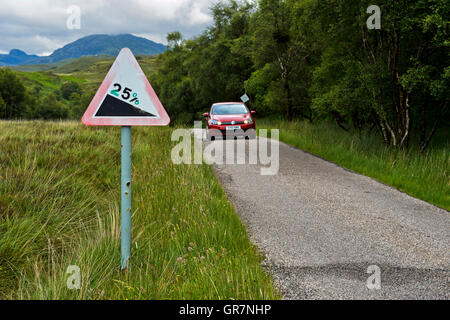 Straße mit einer 25 Prozent Steigung Steigung Warnung Zeichen, Schottland, Großbritannien Stockfoto
