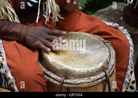 Eine afrikanische Djembe Drummer In Aktion Stockfoto