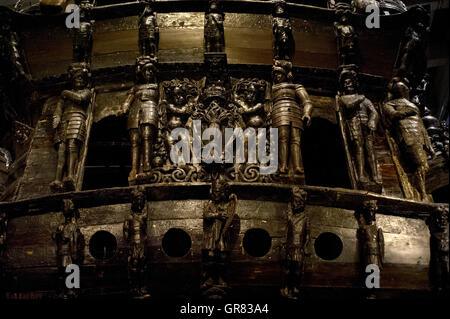 Kriegsschiff Vasa. Auf Befehl des Königs von Schweden Gustav Adolf 1626-1628 gebaut. Stern. Detail. Vasa-Museum. Stockholm. Schweden. Stockfoto