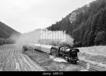 Dampf Lok 44-0115 mit Schnellzug mit Oberlogquitz, Oktober 1980 Thüringen Stockfoto