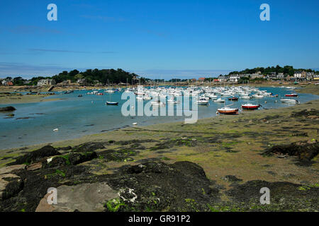 Boote In einer Bucht bei Ebbe In Ploumanach, Bretagne, Frankreich Stockfoto