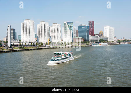 ROTTERDAM, Niederlande - 31. August 2016: Kreuzfahrtschiff auf der Maas mit der Skyline von Rotterdam am 31. August 2016 in Rotterd Stockfoto