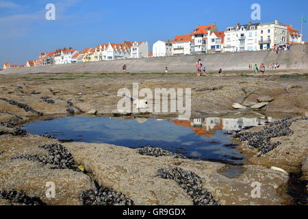 Ambleteuse, Blick vom Strand bei Ebbe, Côte Opale, Pas-de-Calais, Frankreich Stockfoto