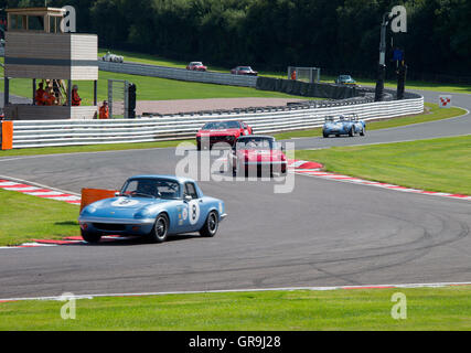 Historische Sportwagen nähern sich Brittens Corner im Oulton Park beim Gold Cup Meeting in der Nähe von Tarporley Cheshire England Vereinigtes Königreich Großbritannien Stockfoto