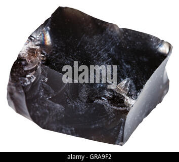 Makroaufnahmen von Eruptivgestein Proben - schwarzer Obsidian (vulkanisches Glas) Mineral isoliert auf weißem Hintergrund Stockfoto