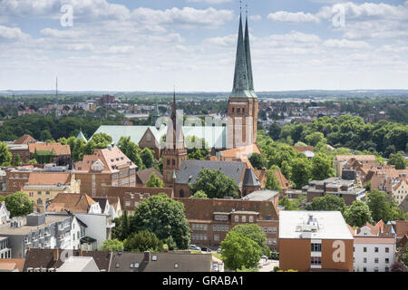 Blick vom Turm von St. Petri zu Lübeck, Hansestadt Lübeck, Unesco World Heritage Site, Schleswig-Holstein, Deutschland, Europa Stockfoto