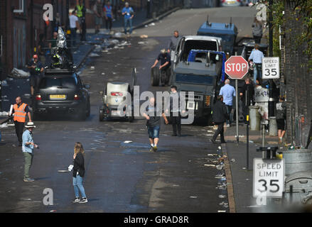 Dreharbeiten, findet statt am Set von Spielbergs neuem Film bereit ein Spieler im Jewellery Quarter, Birmingham. Stockfoto