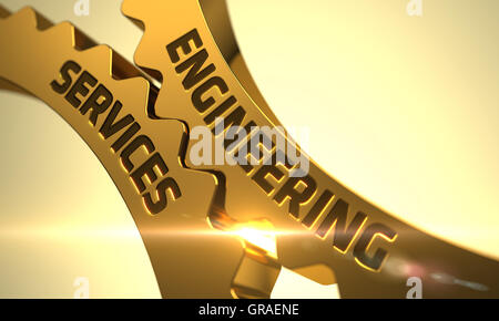 Engineering-Dienstleistungen auf Golden metallische Zahnrad Zahnräder. 3D Illustration. Stockfoto