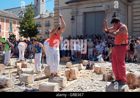 Männer hacken Protokolle in einem Wettbewerb in La Granja de San Ildefonso, Spanien 21. August 2016 - Copyright fotografieren John Voos Stockfoto