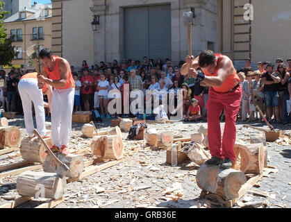 Männer hacken Protokolle in einem Wettbewerb in La Granja de San Ildefonso, Spanien 21. August 2016 - Copyright fotografieren John Voos Stockfoto