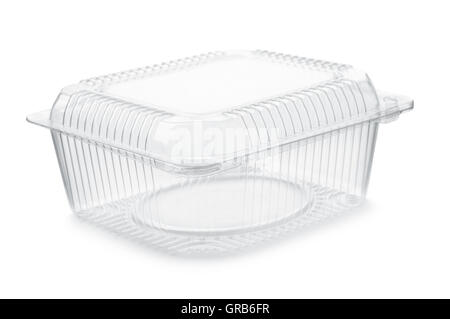 Leere transparente Kunststoff-Lebensmittel-Container isoliert auf weiss Stockfoto