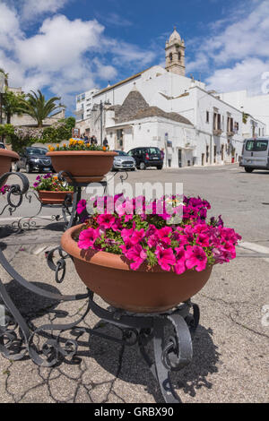 Blumentöpfe In den Vordergrund, alten Teil der Stadt und der Kirchturm, Trulli, im Hintergrund. Blauer Himmel, weiße Wolken. Largo Martellotta, Alberobello, Provinz Bari, Apulien, Italien Stockfoto