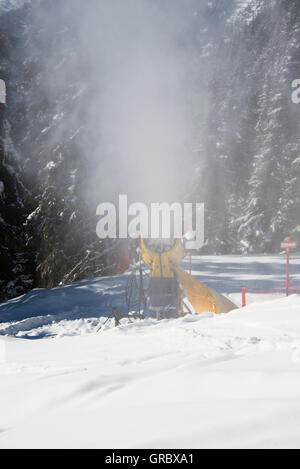 Aktive gelbe Schneekanone vor Tannen Stockfoto