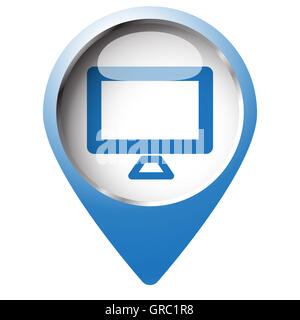 Karte-Pin-Symbol mit Computer-Bildschirm-Symbol. Blaue Raute auf weißem Hintergrund. Stockfoto