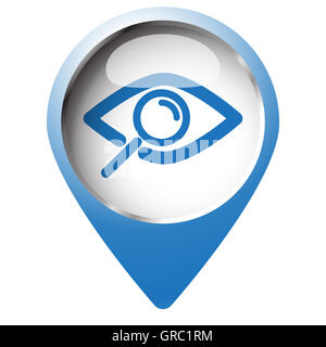 Karte-Pin-Symbol mit Beobachtung-Symbol. Blaue Raute auf weißem Hintergrund. Stockfoto