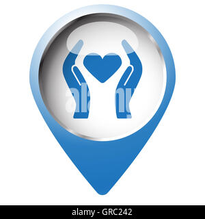 Karte-Pin-Symbol mit Herz-Pflege-Symbol. Blaue Raute auf weißem Hintergrund. Stockfoto