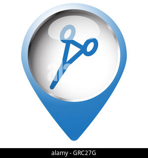 Karte-Pin-Symbol mit chirurgischen Klammern-Symbol. Blaue Raute auf weißem Hintergrund. Stockfoto