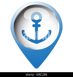 Karte-Pin-Symbol mit Ankersymbol. Blaue Raute auf weißem Hintergrund. Stockfoto