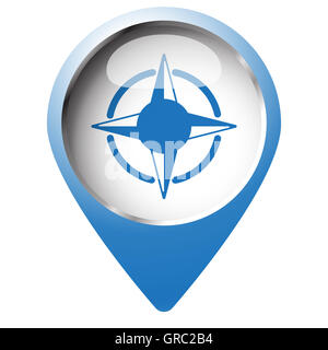 Karte-Pin-Symbol mit Compass Rose-Symbol. Blaue Raute auf weißem Hintergrund. Stockfoto