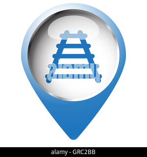 Karte-Pin-Symbol mit Eisenbahn-Symbol. Blaue Raute auf weißem Hintergrund. Stockfoto