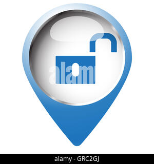 Karte-Pin-Symbol mit Unlock-Symbol. Blaue Raute auf weißem Hintergrund. Stockfoto