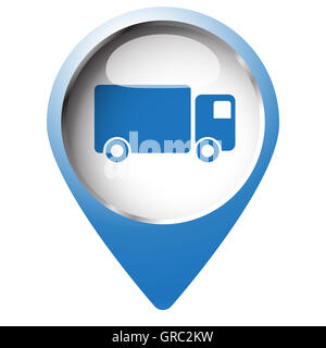 Karte-Pin-Symbol mit Lieferwagen-Symbol. Blaue Raute auf weißem Hintergrund. Stockfoto