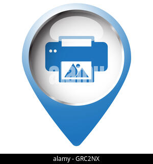 Karte-Pin-Symbol mit Foto drucken-Symbol. Blaue Raute auf weißem Hintergrund. Stockfoto