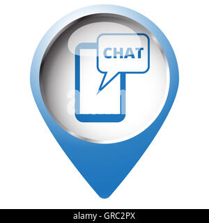 Karte-Pin-Symbol mit Chat-Symbol. Blaue Raute auf weißem Hintergrund. Stockfoto