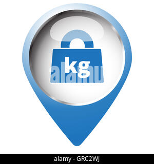 Karte-Pin-Symbol mit Gewicht kg-Symbol. Blaue Raute auf weißem Hintergrund. Stockfoto