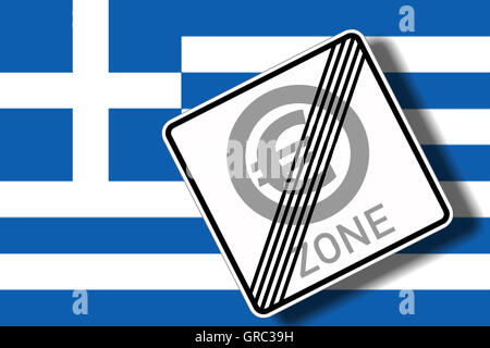 Griechisch und EU-Flagge mit modifizierten Traffic Sign Ende der Euro-Zone Stockfoto