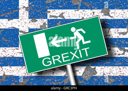 Erodieren, griechische Flagge Wirh Traffic Sign Notausgang und Grexit Stockfoto