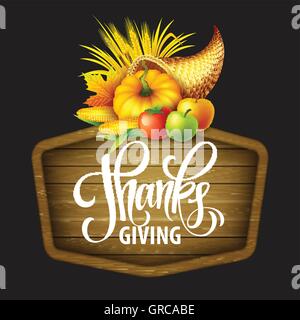 Beispiel für ein Thanksgiving Füllhorn voller Ernte Obst und Gemüse. Herbst-Gruß-Design. Herbstliche Ernte fest. Kürbis und Blätter. Vektor-illustration Stock Vektor