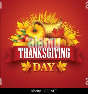 Beispiel für ein Thanksgiving Füllhorn voller Ernte Obst und Gemüse. Herbst-Gruß-Design. Herbstliche Ernte fest. Kürbis und Blätter. Vektor-illustration Stock Vektor