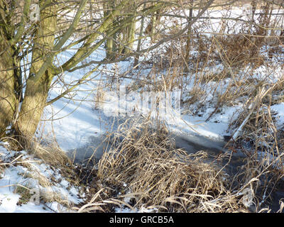 Bach im Winter teilweise eingefroren, teilweise schneebedeckt Stockfoto