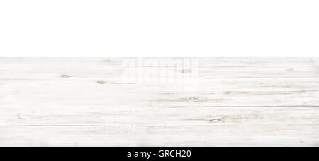 Leere rustikale weiße Holz Tischplatte auf weiß Stockfoto