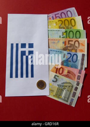 Symbol über Hilfen für Griechenland, Euro-Banknoten In einem Umschlag Stockfoto