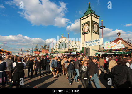 Zelt-Augustiner Bier auf dem Münchner Oktoberfest Stockfoto