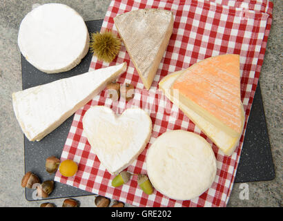 die verschiedenen französischen Käse auf einer Tafel Stockfoto