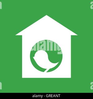 Weiße Silhouette der Vogel im Vogelhäuschen auf grünem Hintergrund Stock Vektor